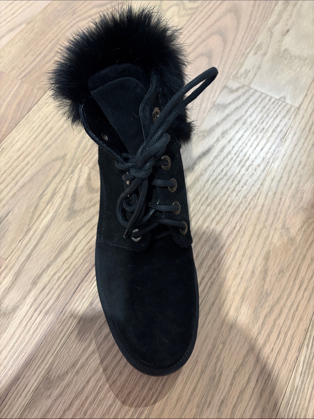 Aquatalia Eva Ankle Boot.  Black Faux-Fur Lace-Up Women's Ankle Bootie